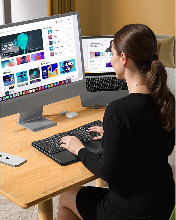seenda Bluetooth Ergonomic Keyboard, COE311 Wireless Keyboard with 3 Multi-Device Connectivity, Rechargeable, Wave Keys, Soft Wrist Rest, Compatible for Windows/macOS/PC/Laptop/MacBook/iPad - Black