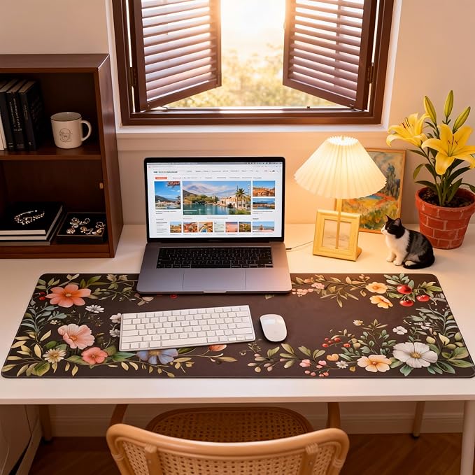 Cute Floral Aesthetic Wildflower Gaming Mouse Pad, Dark Charcoal Cottagecore Desk Mat with Anti-Slip Base & Stitched Edges, Computer Keyboard & Laptop Pad, 35.4" x 15.7" in in Workstation Accessories
