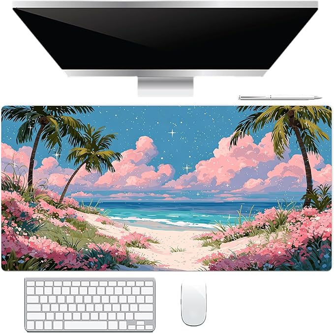 HVEST Pink Floral Beach Mouse Pad, Tropical Ocean Pastel Cloud Desk Mat,Large Mouse Pad for Laptop Computer, Mousepad with Non-Slip Rubber Base and Stitched Edge for Game, Office, Home 31.5'' x 15.7''
