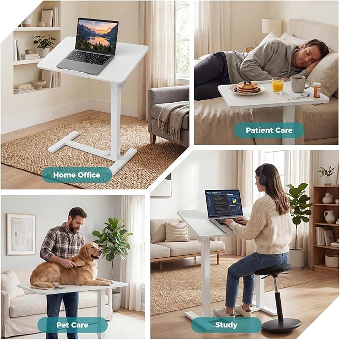 OLIXIS Mobile Standing Desk, Height-Adjustable Computer Cart with Pneumatic Lift, Portable Computer Workstation Cart for Bed, Couch, Office, Sofa, Brown