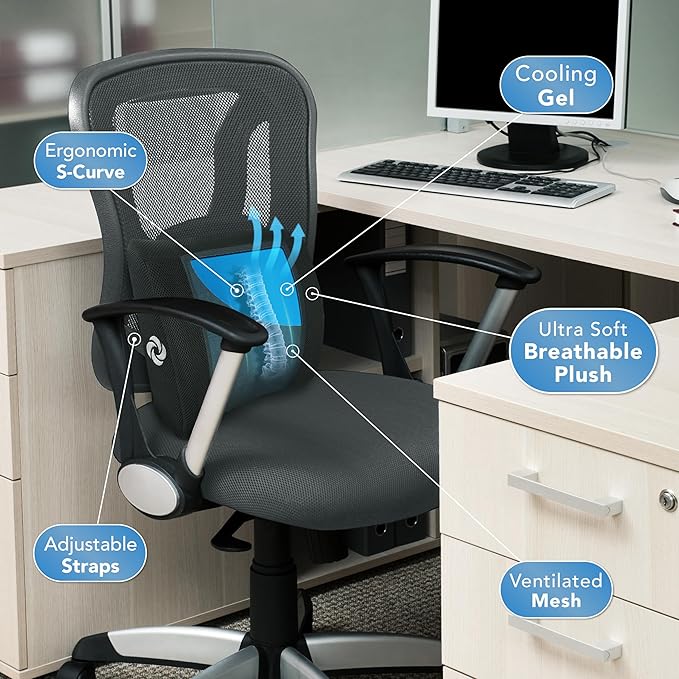 Samsonite Lumbar Support Pillow with Cooling Gel – Memory Foam Back Pillow for Office Chair, Car Seat, or Gaming Chair – Ergonomic Design with Breathable Mesh & Washable Cover - Mesh with Cooling Gel