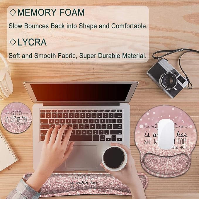 Keyboard Wrist Rest and Mouse Pad with Wrist Support, Ergonomic Mouse Pad Coaster, Easy Typing Pain Relief, Keyboard Mousepad Set,Psalm 46:5 God is Within Her,She Will Not Fall Pink Glitter