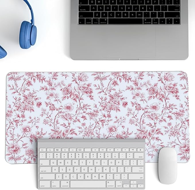 Pink Chinoiserie Mouse Pad,Vintage Pink and White Floral Desk Mat,XL Large Vintage Flowers Preppy Mouse Pad,Girly Laptop Desk Mat for Dorm Home Office,23.6x11.8 Inch