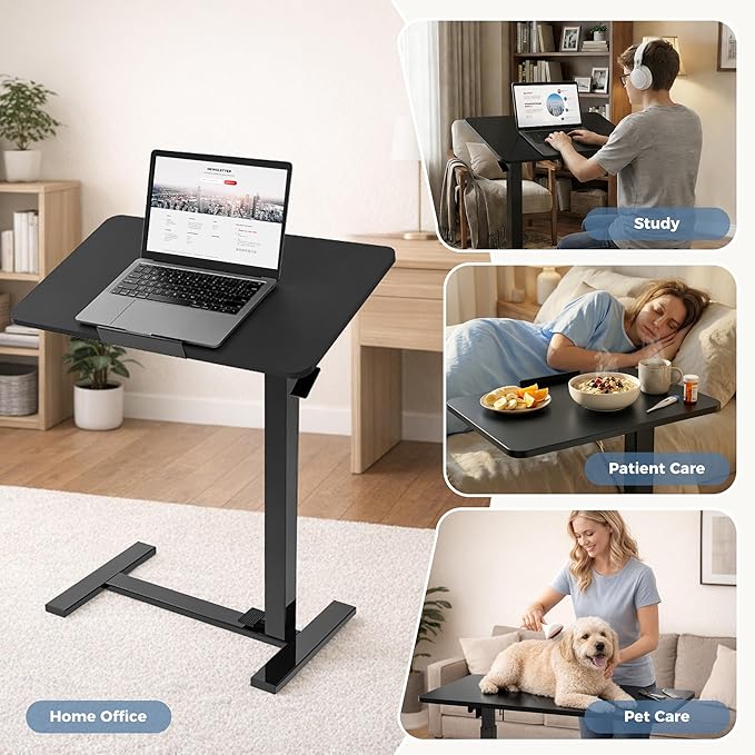 DUMOS Mobile Standing Desk, Height Adjustable Laptop Desk with Pneumatic Lift, Portable Computer Workstation Cart for Bed, Couch, Office, Sofa, Black