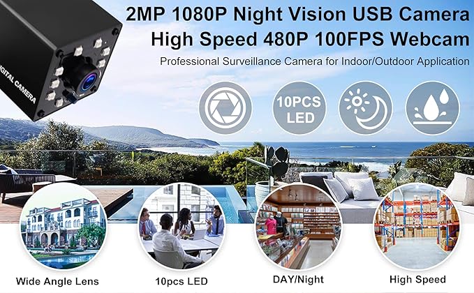 ELP 1080P Day Night Vision USB Camera IR Infrared Webcam for Computer, Laptop, Mac, Android - High Speed HD PC Camera with 3.6mm Lens, 100fps, 60fps, 30fps