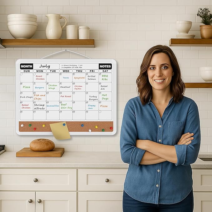 Monthly Calendar Dry Erase Board 16x12 Inch, Double-Sided Whiteboard and Corkboard Combo, Plastic Frame Wall Mounted Planner Organizer with Markers, Magnets, Push Pins, Eraser, for Home Office School