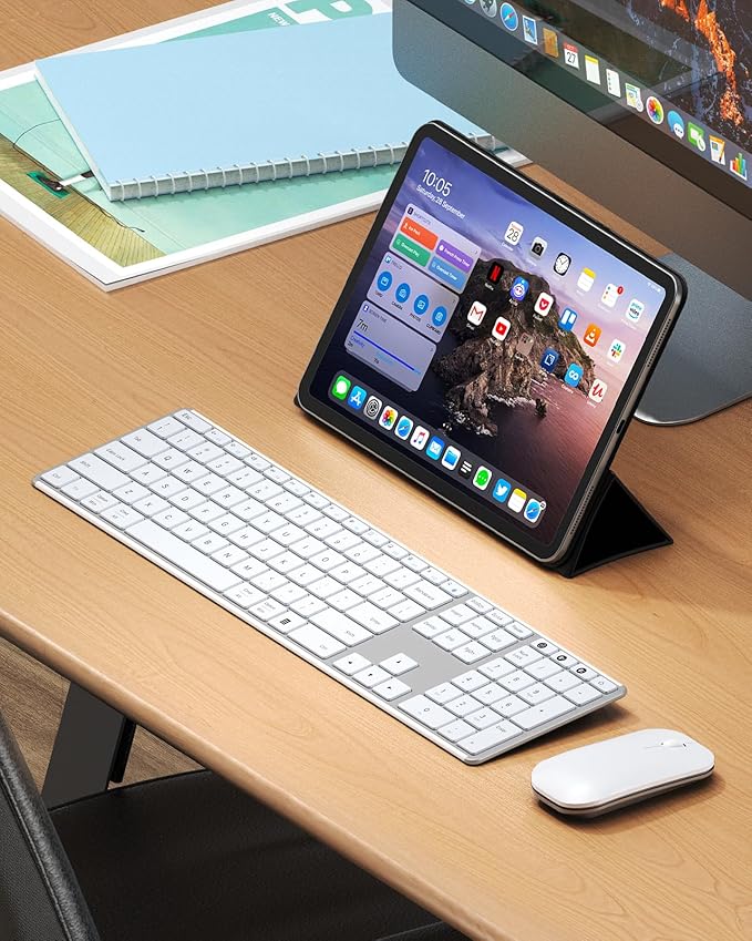 seenda Wireless Bluetooth Keyboard and Mouse Combo, SKM64-3 Rechargeable Slim Quiet Keyboard Mouse, 3 Multi-Device Connection, Compatible for Windows, Mac, MacBook, iPad, Tablet, White Silver