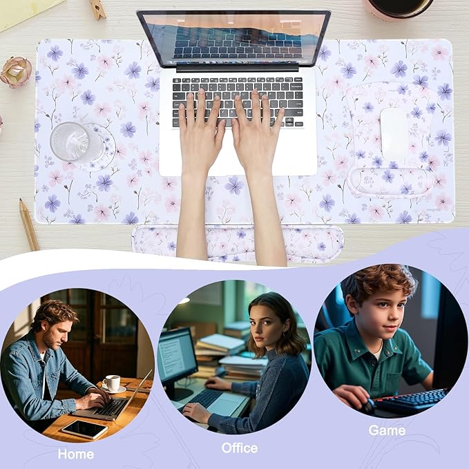 MEGREZ 4-in-1 Ergonomic Memory Foam Wrist Rest Set, Desk Pad, Mouse Pad with Wrist Rest, Keyboard Pad, Suitable for Office Workers, Programmers & Gamers–Relieve Typing & Gaming Fatigue, White Flower