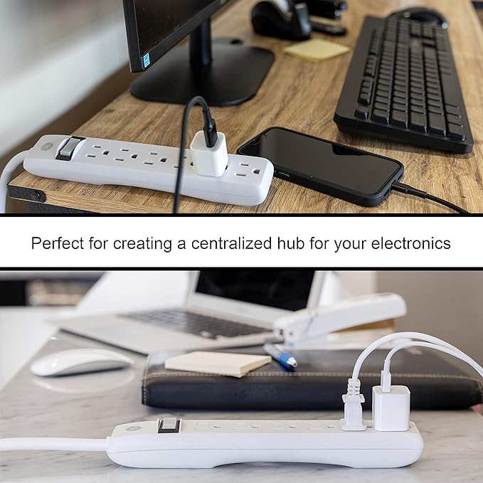 GE 6-Outlet Power Strip, 8 Ft Extension Cord, Heavy Duty Plug, Grounded, Integrated Circuit Breaker, 3-Prong, Wall Mount, ETL Listed, White, 67122
