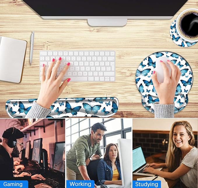 Mouse Pad Wrist Support and Keyboard Wrist Rest Pad with Coaster,Non-Slip Rubber Base Ergonomic Gaming Mousepad for Home Office Working Studying Easy Typing & Pain Relief,Blue Butterflies