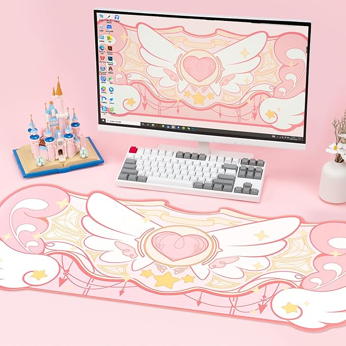 GeekShare Large Gaming Mouse Pad Kawaii Pink Non-Slip Rubber Back Mouse Pad Big Waterproof Desk Mat for Keyboard and Mouse Perfect for Gaming,or Home Office Work - Star Wings(Super Dense Cloth)
