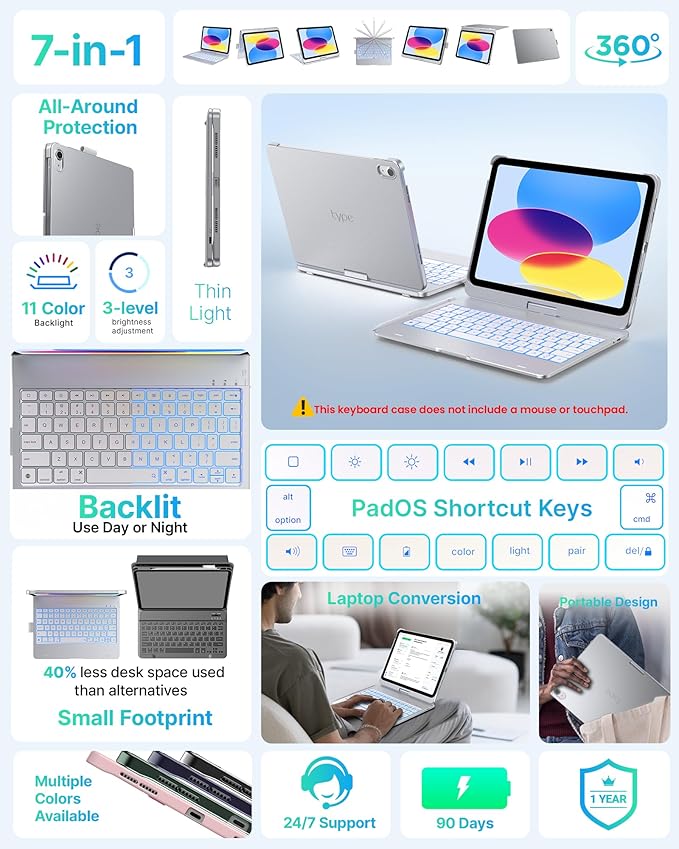 typecase Flexbook Keyboard Case for iPad 11th (A16, 2025) and iPad 10th Gen (10.9", 2022) – No Trackpad, 11-Color Backlight, 360° Rotatable, 7 Use Modes, Thin & Lightweight – Silver