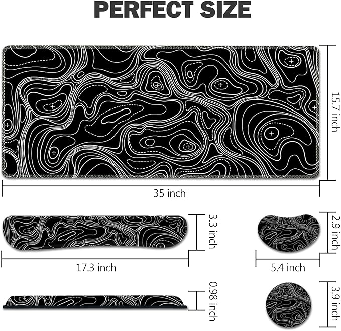 AIMSA Keyboard Mouse Pad Set, Large Gaming Mouse Pad +Wrist Rest Mouse Pad +Keyboard Wrist Support +Coaster, 35x15.7 inch Extended Desk Mat for Easy Typing Pain Relief (Black Topographic)