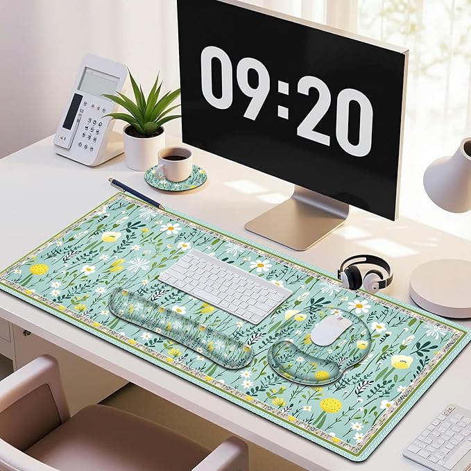 Floral Desk Mat, 4in1 Large Mouse Pad with Wrist Rest, Desk Matt for Desktop, Desk Pad Mat, Anti-Slip XXL Computer Ergonomic Mousepad with Wrist Support for Keyboard and Mouse I Green Elegant Flowers