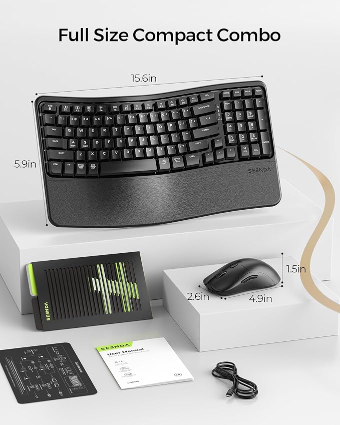 seenda Bluetooth Ergonomic Keyboard and Mouse, COE310 3 Multi-Device Connectivity, Rechargeable Wave Wireless Keyboard Mouse Combo, Compatible for Windows/macOS/PC/Laptop/MacBook/iPad - Black