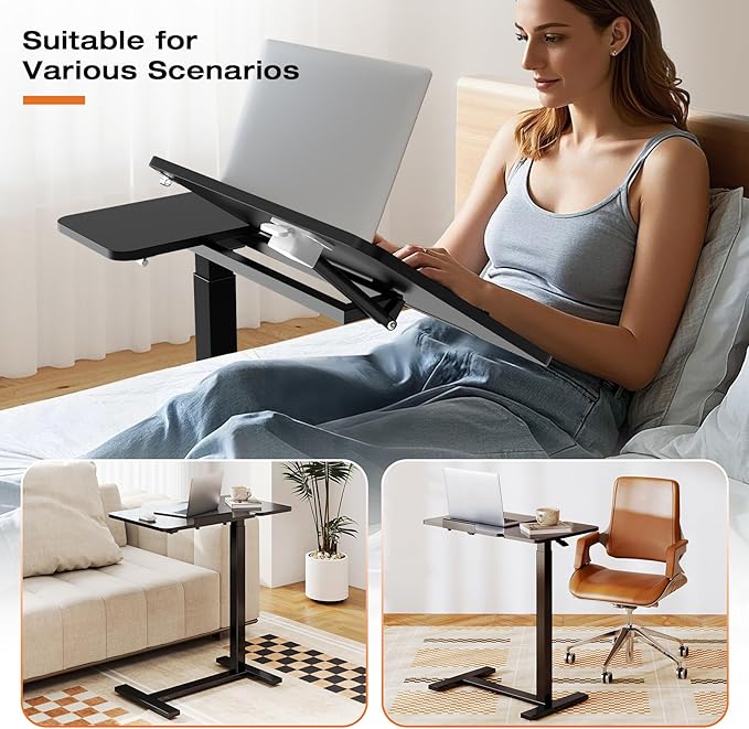 Sweetcrispy Small Standing Desk Rolling Table Adjustable Height, Laptop Mobile Stand with Wheels, Portable Computer Workstation with Tiltable Desktop for Teacher Classroom Home Office, Black