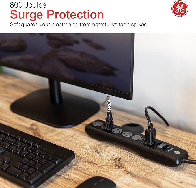 GE Surge Protector Power Strip,6 Ft Extension Cord,6 Outlet Extender,800 Joules,Flat Plug,Twist-to-Close Safety Covers,ETL Listed,Black,33661,(Pack of 10)