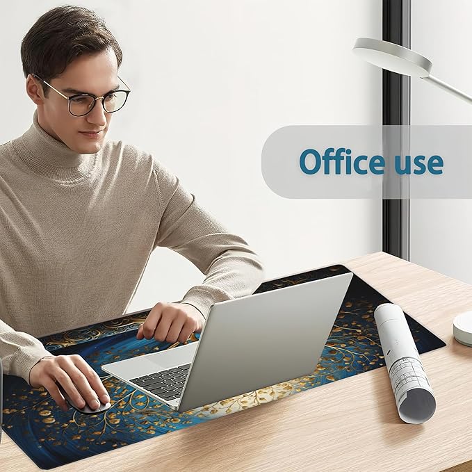 Desk Mat,Blue Golden Tree and Waves Extended Gaming Mouse Pad Large, 31.5"x11.8" 3D Modern Art Landscape Mouse Pad with Non-Slip Base and Stitched Edge,Computer Keyboard Mouse Mat for Home Office