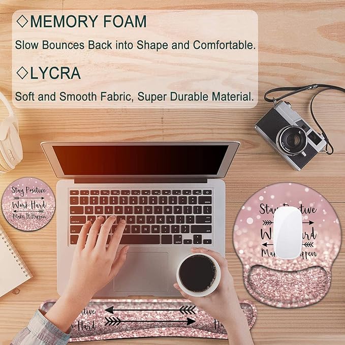Keyboard Wrist Rest and Mouse Pad with Wrist Support, Ergonomic Mouse Pad Coaster, Easy Typing Pain Relief, Memory Foam Keyboard Mousepad Set,Stay Positive Work Hard and Make It Happen Pink