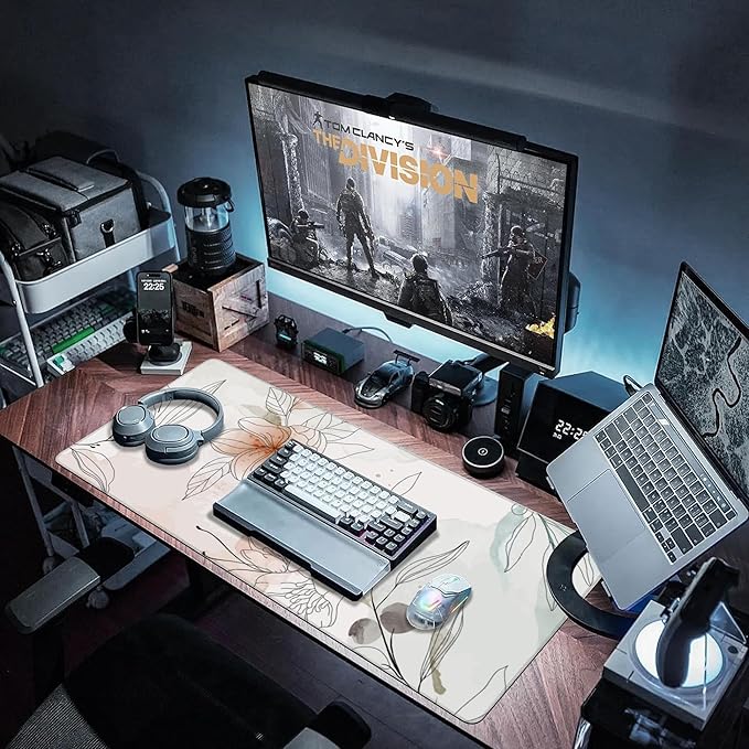 Desk Mat, Abstract Boho Flowers Extended Large Gaming Mouse Pad XXL, Non-Slip Rubber Base Stitched Edges Long Computer Keyboard Desk Pad Mouse Mat for Home Office Gaming 35.4"X15.7"