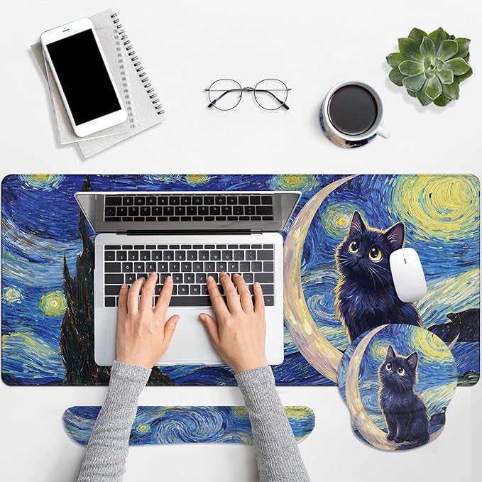 Arttown Cat Moon Star Desk Mat Blue Mouse Pad Set 4 in 1 Ergonomic Design Large Mouse Pad + Keyboard Wrist Rest + Mouse Wrist Rest + Coaster Suitable for Home Office Study Game