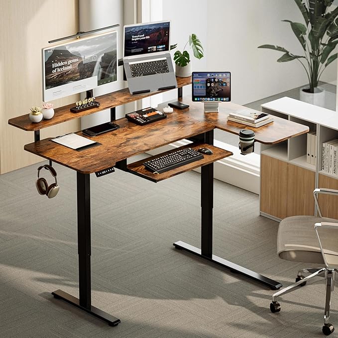 59 Inch L Shaped Standing Desk with Shelves and Keyboard, Electric Corner Standing Desk Adjustable Height, Sit Stand Computer Table with Reversiable Splice Board,Rustic Brown