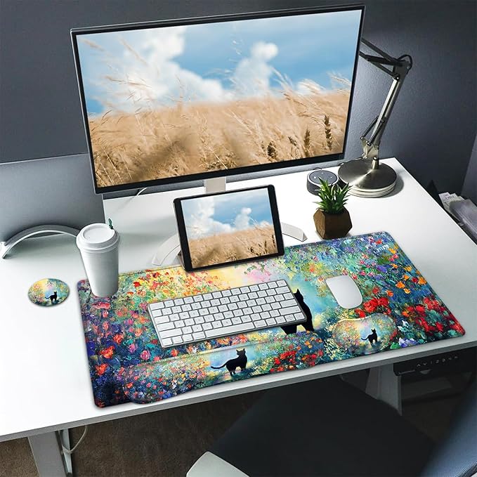 Large Mouse pad and Keyboard Support Set, Ergonomic Memory Foam Keyboard Wrist Rest, Extended Gaming Mouse Pad with Stitched Edges, Black Cat in The Garden XXL Desk Mat (31.5 X 11.8 in)