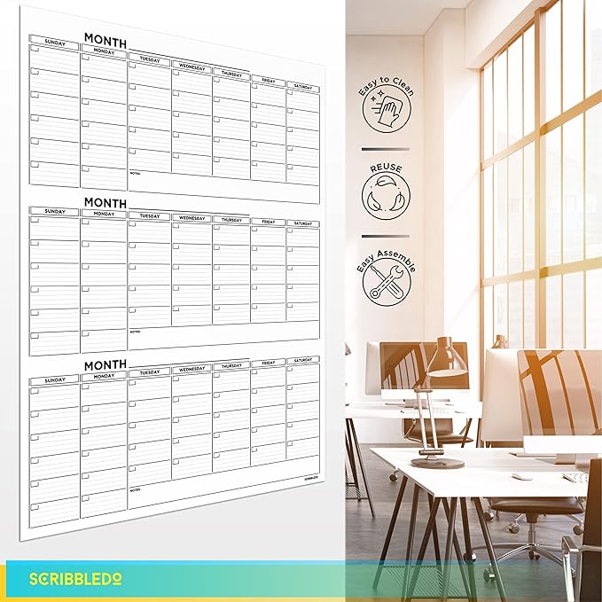 Large 36"x48" Quarterly White Board Calendar Dry Erase Calendar for Wall 3 Month Big Dry Erase Wall Calendar Monthly Dry Erase Board Planner Includes 6 Markers Eraser Push Pins & Mounting Tape