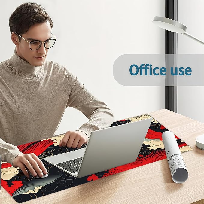 Gaming Mouse Pad, Japanese Sea Waves Extended Mouse Pad Gaming Large, Big Desk Mat with Non-Slip Base and Stitched Edge, Long Computer Keyboard Mouse Mat for Home Office Work 31.5"x15.7"