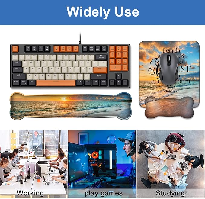 Wrist Rest Support Ergonomic Gel Mouse Pad and Memory Foam Keyboard Set, Non-Slip Rubber PU Base for Home Office Working Studying Easy Typing & Pain Relief, Bible Verse Phil 4:13