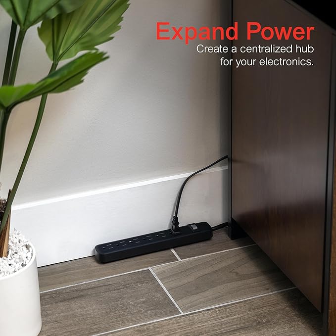 GE 6-Outlet Power Strip, 2 Ft Extension Cord, Heavy Duty Plug, Grounded, Integrated Circuit Breaker, 3-Prong, Wall Mount, ETL Listed, Black, 14831 (Pack of 4)