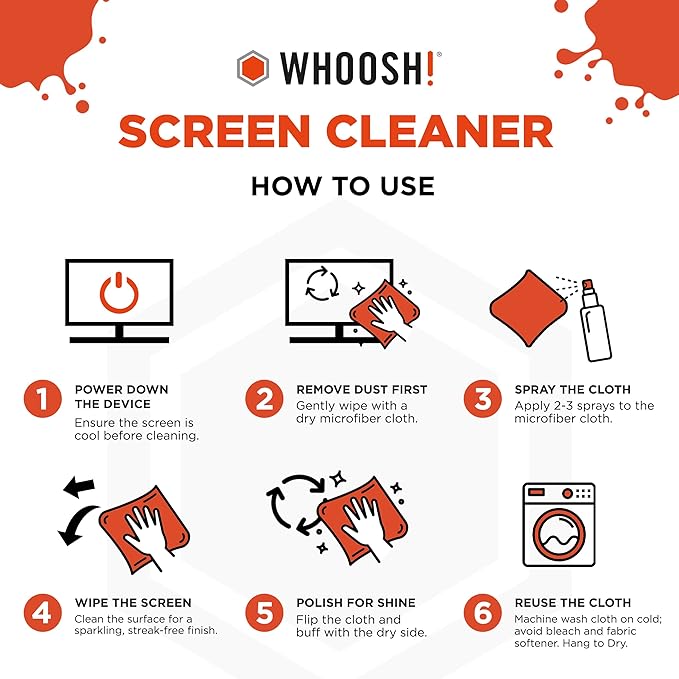 WHOOSH! Screen Shine Go 2-Pack – Two 1 fl oz Refillable Touchscreen Cleaners with Microfiber Cloths for Car, iPad, Laptop and Eyeglasses – Powerful Streak-Free Cleaning – Pocket-Sized, TSA-Approved