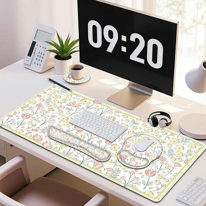 Desk Mat, 4in1 Large Mouse Pad with Wrist Rest, Cute Desk Mat, Anti-Slip XXL Computer Ergonomic Mousepad with Wrist Support for Keyboard and Mouse, Nice Yellow Flowers