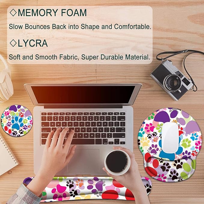 Keyboard Wrist Rest and Mouse Pad with Wrist Support, Ergonomic Gel Mouse Pad Coaster, Comfortable Lightweight for Easy Typing Pain Relief, Memory Foam Keyboard Mousepad Set,Colorful Dog Paw