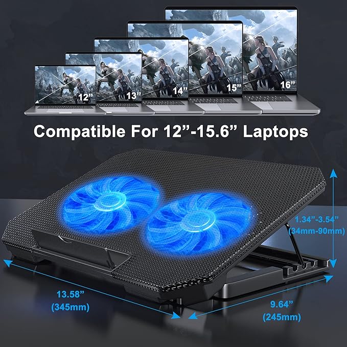 LIENS Laptop Cooling Pad with Adjustable Height Two 5.1 Inches Fan 2 USB Ports Suitable for 12"-15.6" Laptops(Black)