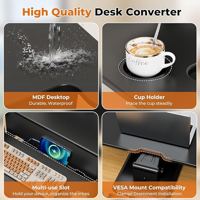 28" Standing Desk Converter, Height Adjustable Clamp Desktop Riser with Keyboard Tray, Sit Stand Monitor Riser Workstation for Home Office, Magnets Inclued, Black