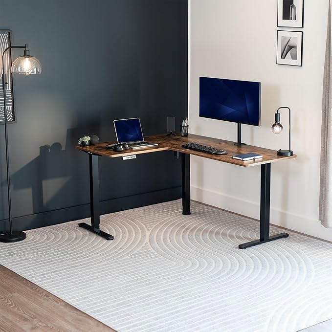 VIVO Space Efficient Electric Single Motor Height Adjustable 3-Leg Corner Standing Desk Frame, Holds up to 225 lbs, Sit Stand L-Shaped Motorized Legs Only, Black, DESK-E347B