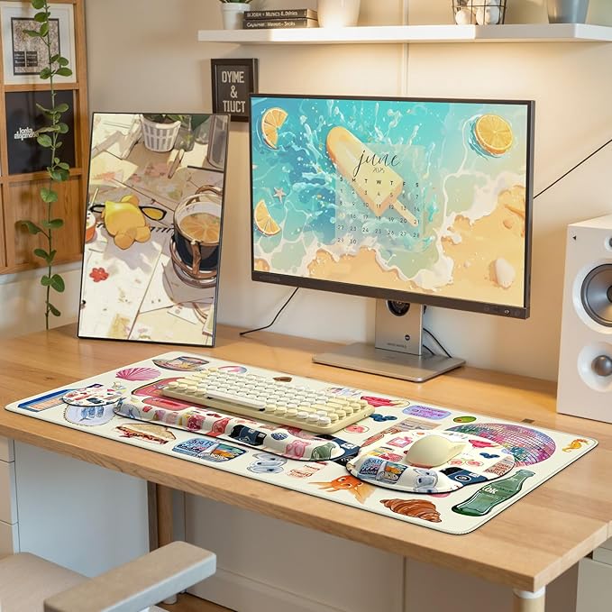 iLeadon Large Desk Cover Mat, Non Slip Gel Mouse Pad with Wrist Support Extra Large, Computer Desk Mat with Keyboard Wrist Rest and Mouse Pad Set, Computer Mats for Desktop Women (Vintage Stickers)