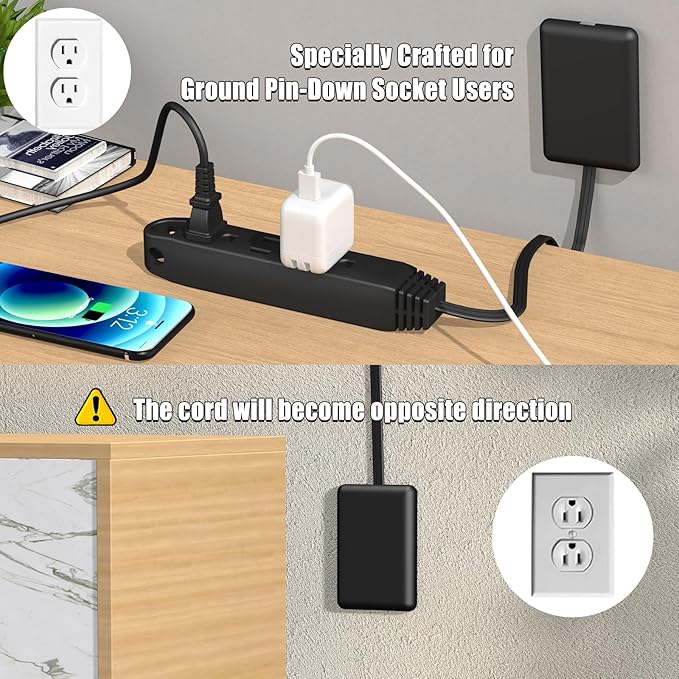 3FT Ultra Flat Plug Extension Cord Power Strip with 3 Outlets, Patented Detachable Ultra-Thin Outlet Cover Concealer & Ultra-Flat Plug, Max. 13A 125V 1625W ETL Listed, Black Color