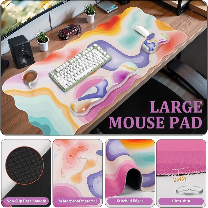 L-SPOUTTO Topographic Mouse Pad Set,Abstract Scalloped XXL Desk Mat + Ergonomic Mouse Wrist Rest +Gel Keyboard Wrist Rest for Keyboard 65%/75%,3in1 Large Desk Pad for Desktop Home Office Computer Game