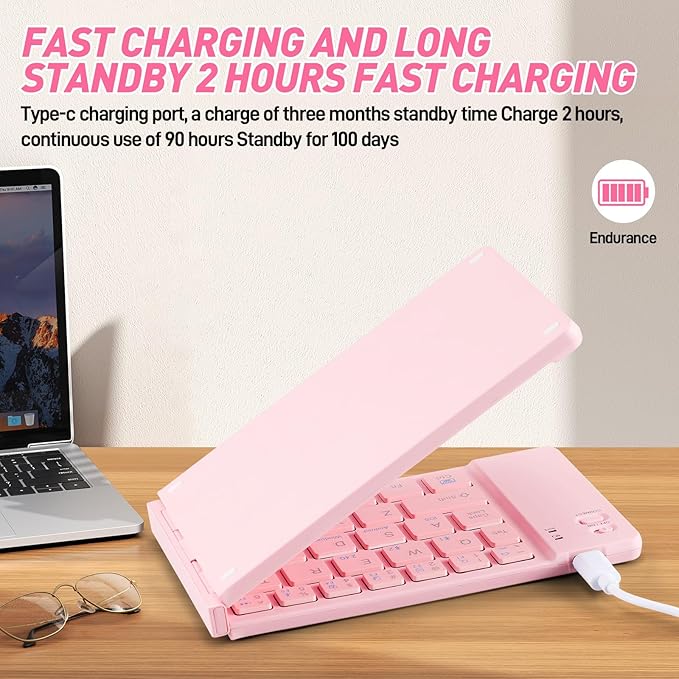 Mini Rechargeable Foldable Bluetooth Keyboard and Mouse Combo, Portable (Sync Up to 3 Devices), Ultra-Slim Travel Folding Keyboard for iPhone iPad Mac Android Windows iOS(Pink)