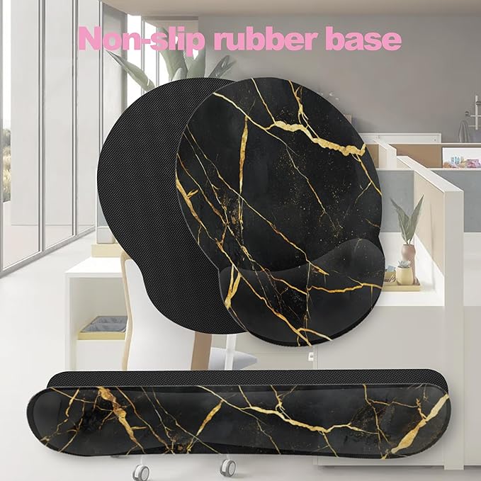 Golden Black Flowing Marble Mouse Pad with Wrist Rest and Keyboard Wrist Rest Set, Non-Slip Rubber Base Memory Foam Mouse Pad Set for Women, Office Desk Accessories, Gaming