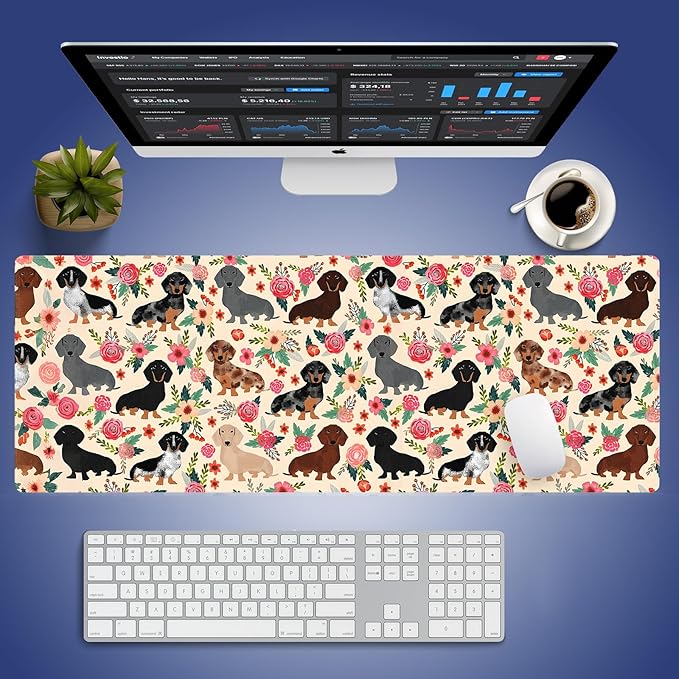 XXL Gaming Mouse Pad with Stitched Edges for PC Home & Office - Colorful Floral Dachshund Dogs Cute Puppies Pink Flowers Seamless Design, Smooth Fabric Surface Anti-Slip Base Large Desk Mat