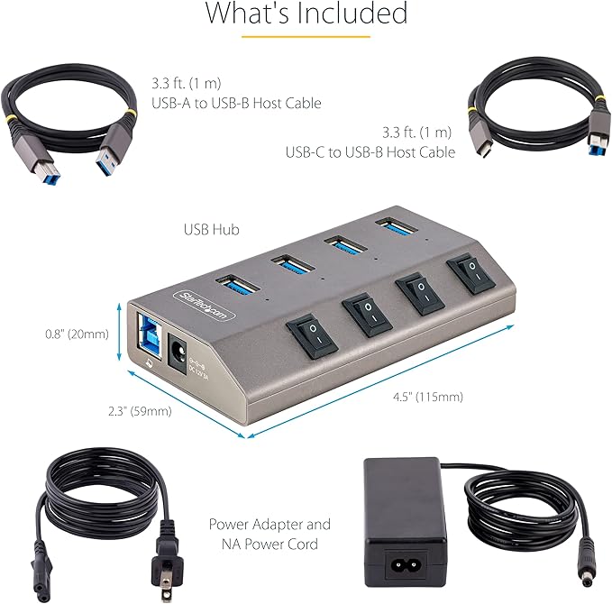 StarTech.com 4-Port Self-Powered USB-C Hub with Individual On/Off Switches, USB 3.0 5Gbps Expansion Hub w/Power Supply, Desktop/Laptop USB-C to USB-A Hub, USB Type C Hub w/BC 1.2 (5G4AIBS-USB-HUB-NA)