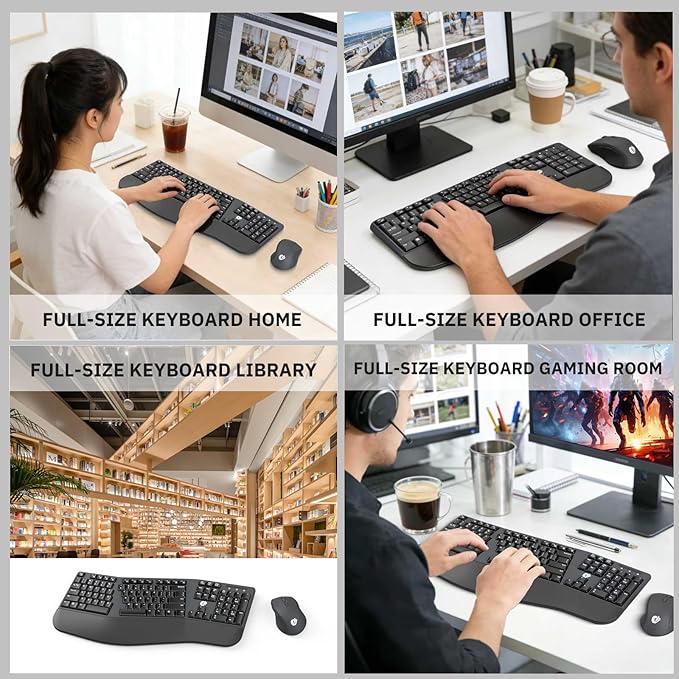 Ergonomic Wireless Keyboard and Mouse Combo, 2.4GHz USB Full Size Keyboard with Wrist Rest and 3 Level DPI Adjustable Wireless Mouse for PC and Laptop Use - Black