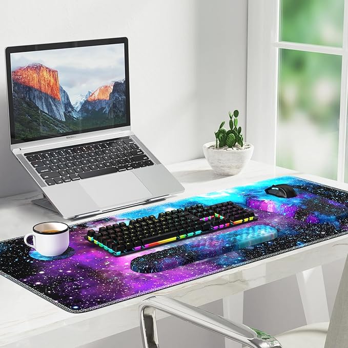 Desk Mat with Wrist Support, Desk Pad for Keyboard and Mouse, Purple Desk Mat, Keyboard Pad and Mouse Pad Combo, Carpal Tunnel Mousepad Gaming for Office, Galaxy Space Purple Nebula