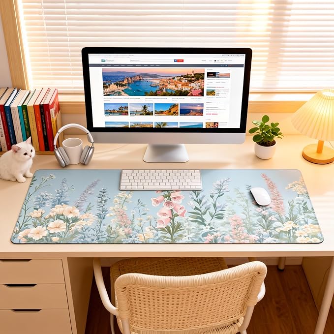 Cute Floral Aesthetic Wildflower Gaming Mouse Pad, Sky Blue Macaron Desk Mat with Anti-Slip Base & Stitched Edges, Computer Keyboard & Laptop Pad, 35.4" x 15.7" in in Workstation Accessories