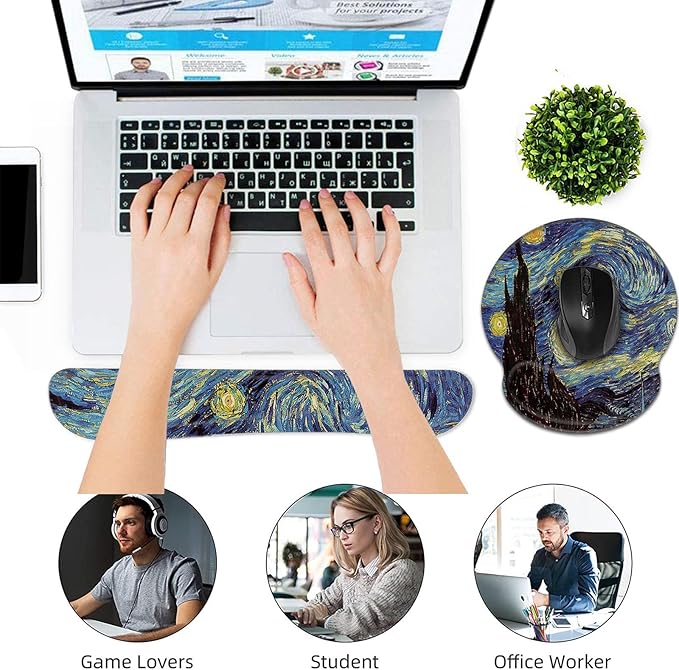 Keyboard Wrist Rest and Mouse Pad Wrist Support Set,Ergonomic Memory Foam Wrist Pad & Non Slip Base for Home Office Working Studying Easy Typing,Pain Relief,Starry Night