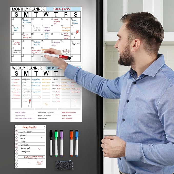 3 Pack Dry Erase Magnetic Calendar for Refrigerator - Monthly & Weekly & Daily Planner Magnet Whiteboard for Fridge Wall - Shopping, Meal/Menu, To Do List, Family Schedule Planning Board (10HB-RIZH3)