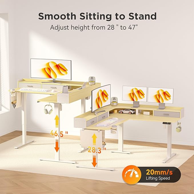 63 Inches Height Adjustable L Shaped Standing Desk with 3 Drawers and Monitor Shelf, Electric Sit to Stand Home Office Comupter Table, Ergonomic Corner Gaming Desk, Oak